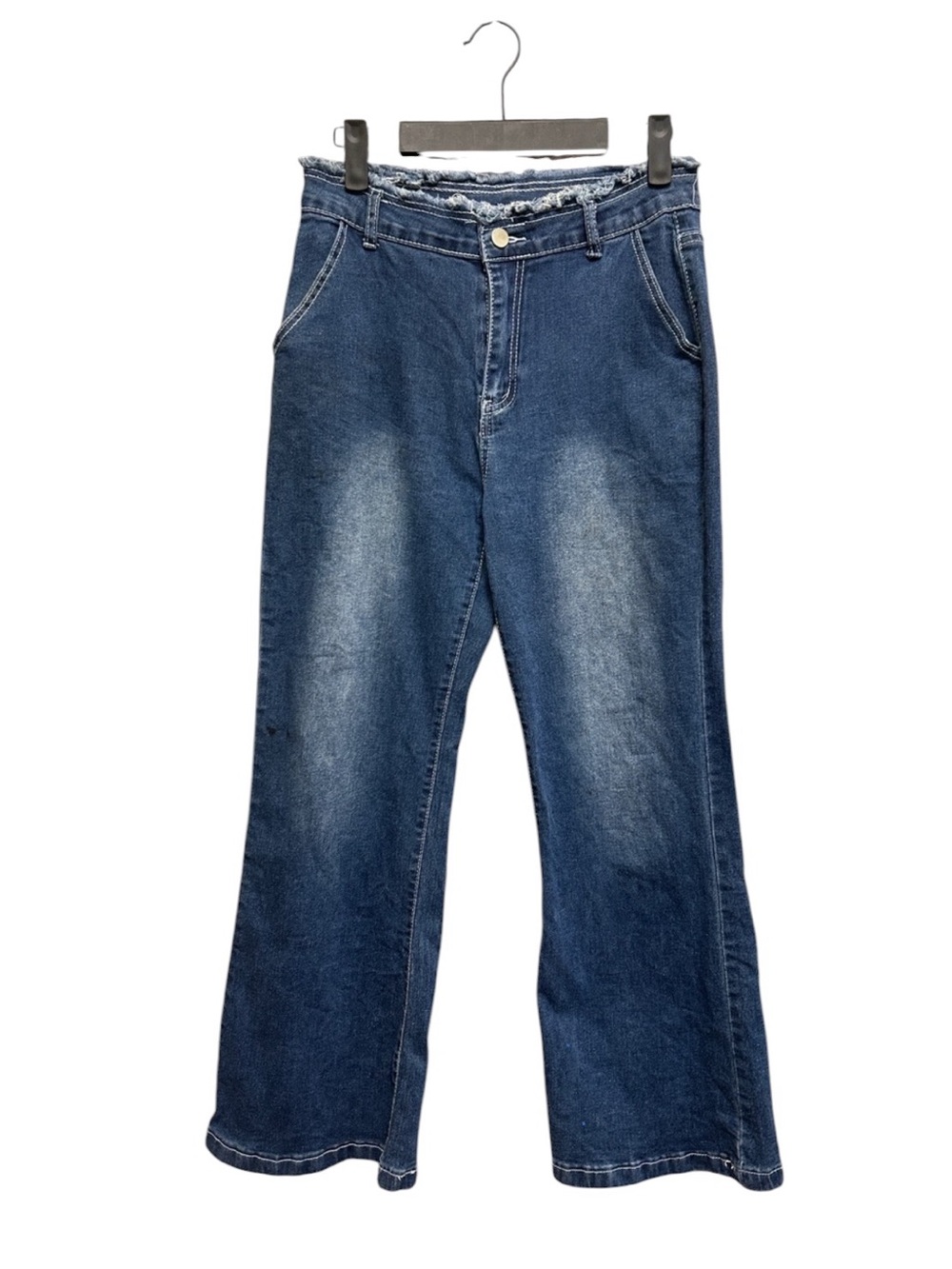 Distressed Raw Edge Waist Bell Bottom Denim Jeans Size M